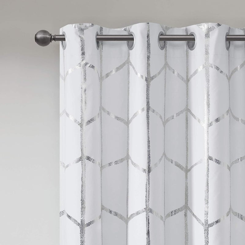 Intelligent Design Blackout Window Curtain, Light Blocking Curtains for Living Room, Thermal Insulated Window Panel with Metallic Print and Grommet Top, 50"x63", White/Silver, 1 Piece - Image 4